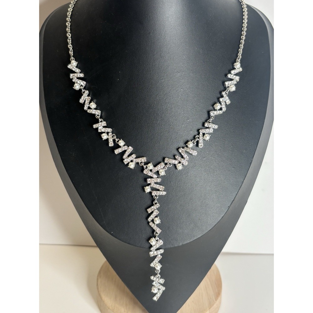 Rhinestone Faux Pearl Y Drop Necklace Silver Tone 21" INC International Concepts